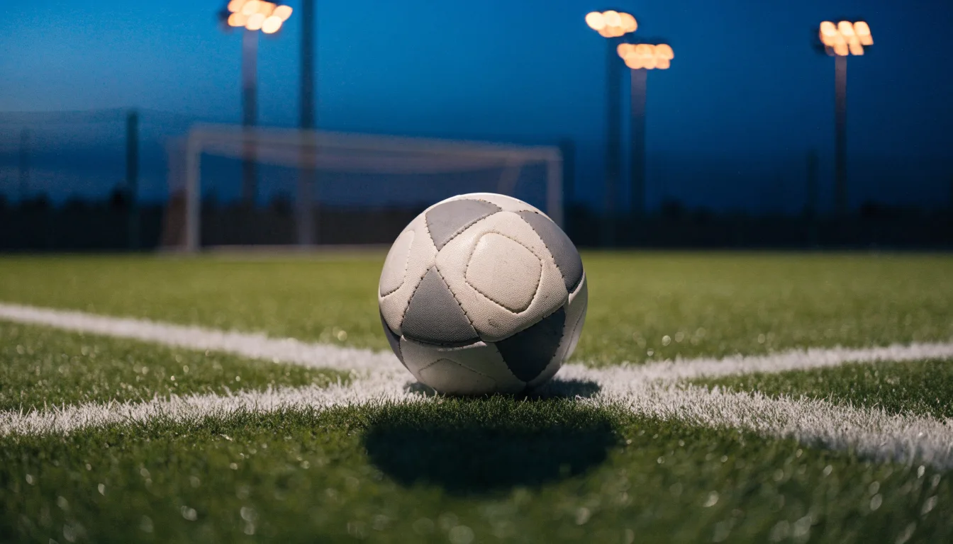 Ein Fußball liegt auf dem Anstoßpunkt eines Rasenplatzes in der Abenddämmerung, Flutlichtmasten stehen unscharf im Hintergrund.