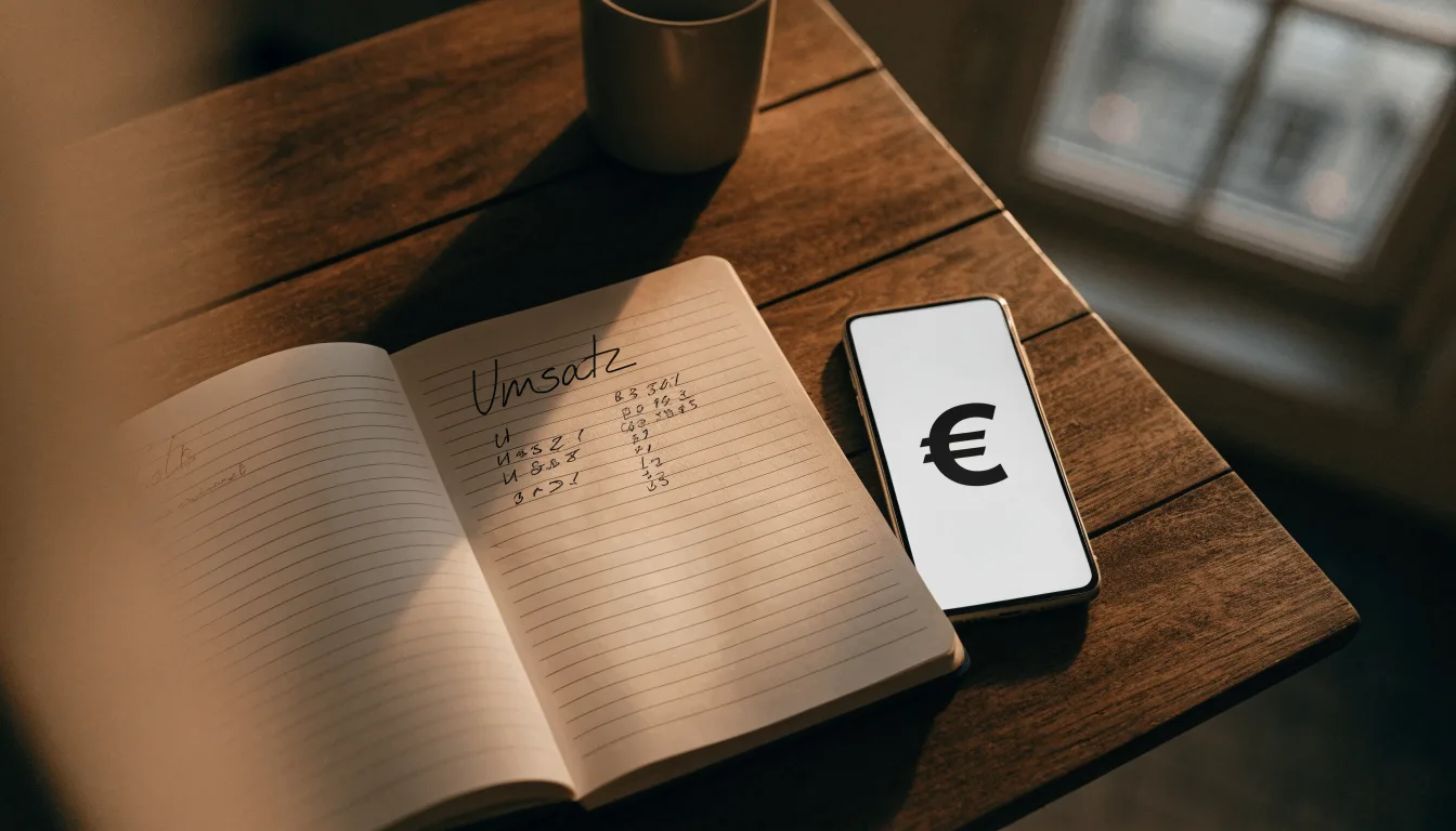 Ein Notizbuch mit handschriftlichen Zahlen liegt neben einem Smartphone mit dunklem Display auf einem Tisch, im Fenster Dämmerlicht.