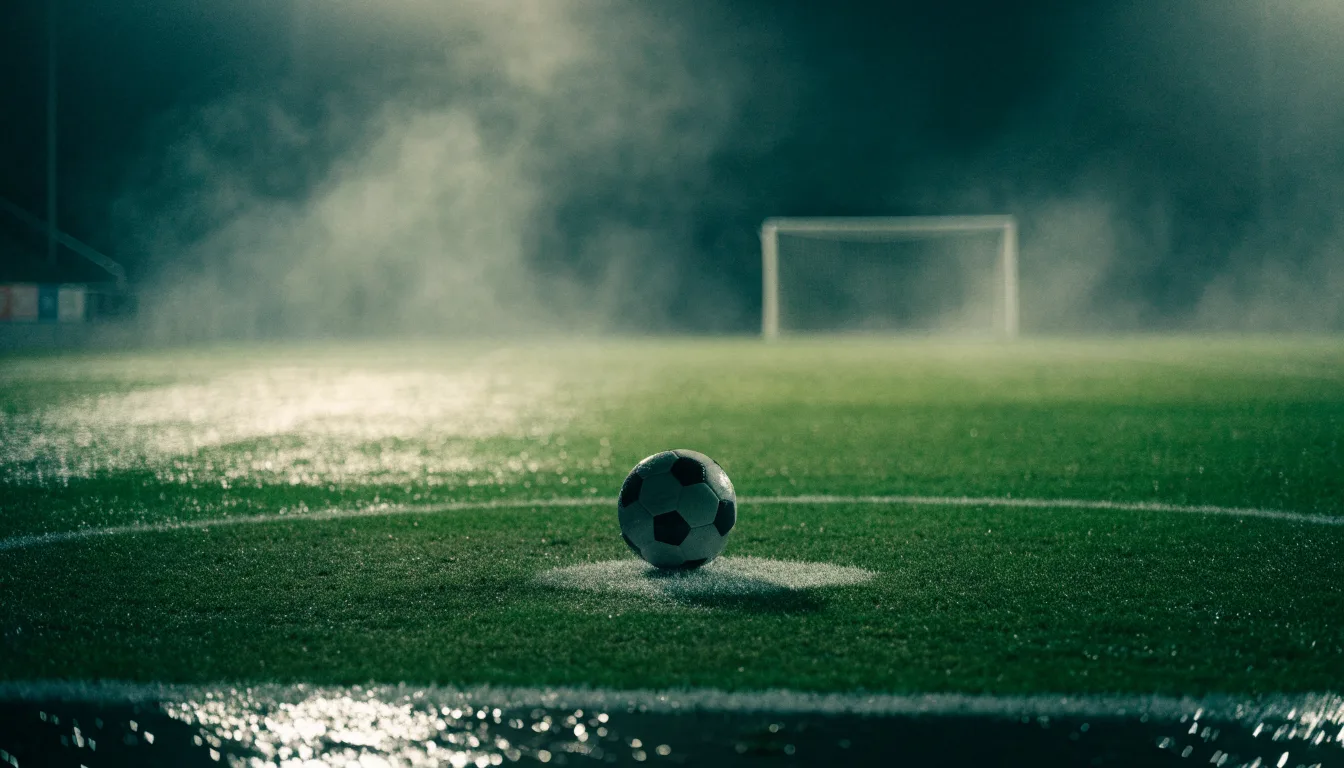 Ein Fußball liegt auf dem Elfmeterpunkt eines nassen Rasenplatzes, im Hintergrund ein leeres Tor im Nebel.