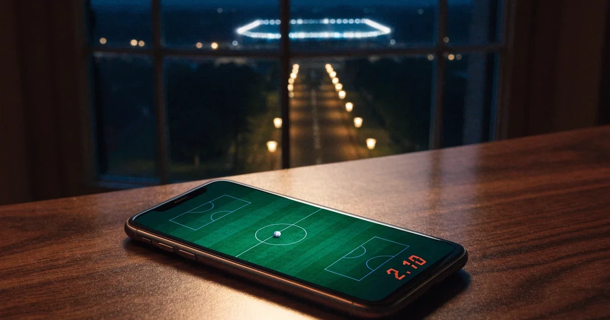 Ein großes Fußballstadion mit hell erleuchtetem Rund, aus der Ferne am Abend gesehen, davor eine breite Allee mit Laternen.