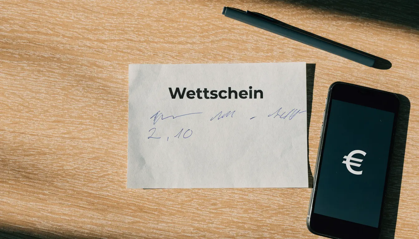 Ein leerer Papier-Wettschein und ein Kugelschreiber liegen auf einem Holztisch neben einem schwarzen Smartphone.
