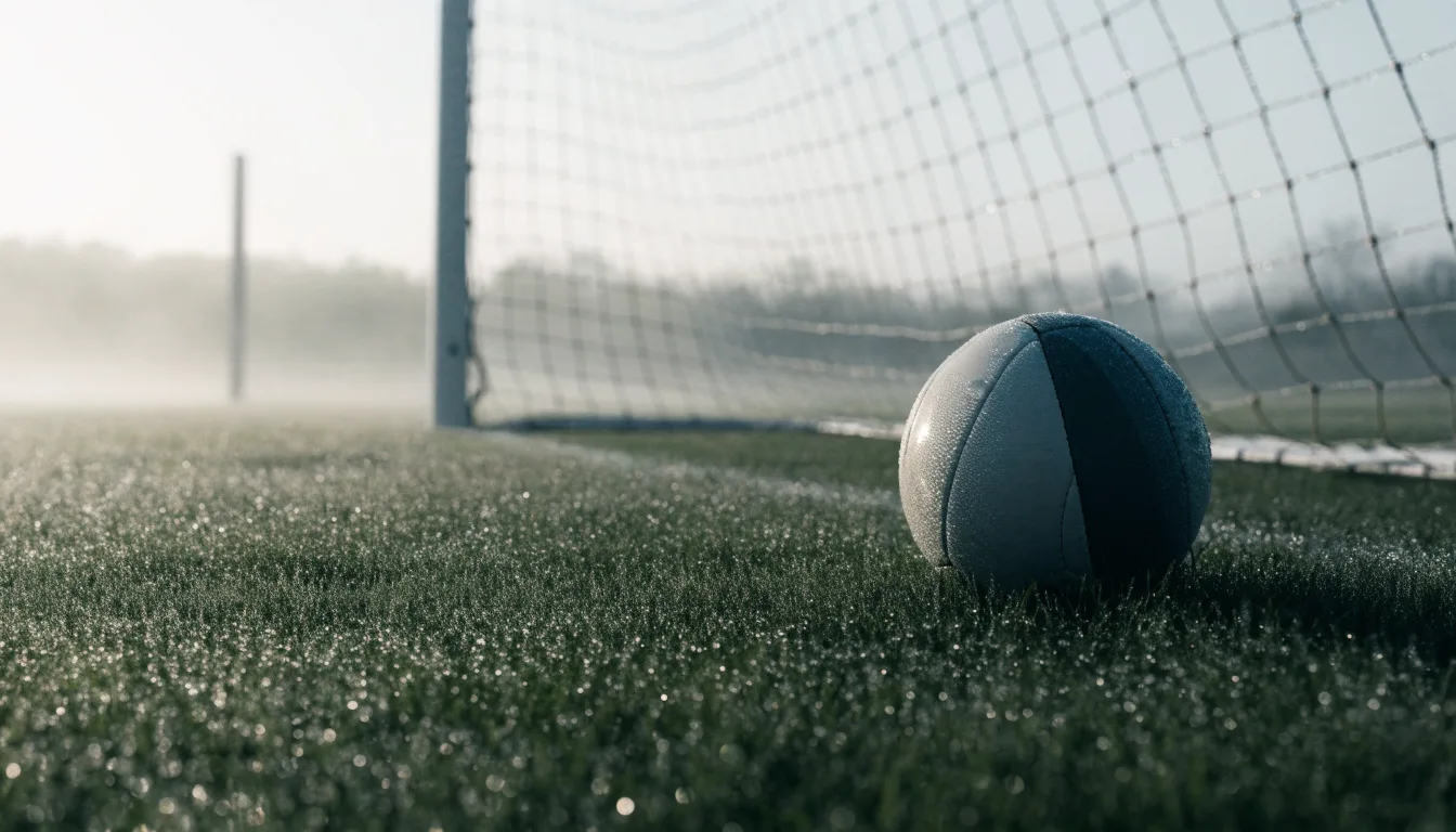 Ein Fußball liegt auf dem Rasen vor einem Tor im Morgennebel, die Netzmaschen sind taufeucht.