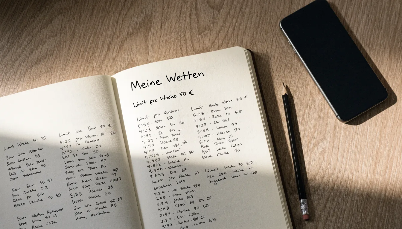 Ein Notizbuch mit handschriftlichen Zahlenreihen liegt neben einem Bleistift und einem Smartphone mit dunklem Display auf einem Tisch.