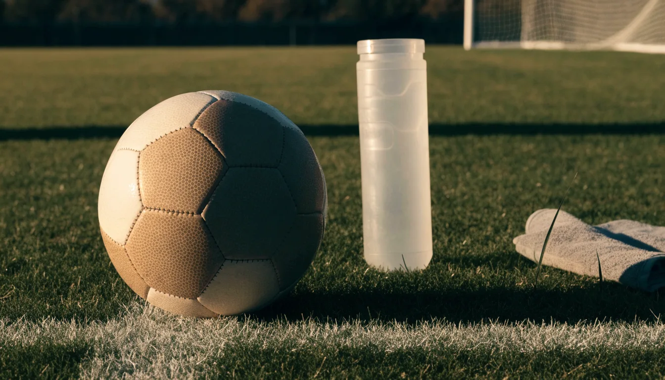 Ein Fußball auf einer Wiese neben der Seitenlinie, daneben eine Trinkflasche ohne Aufdruck und ein Handtuch.