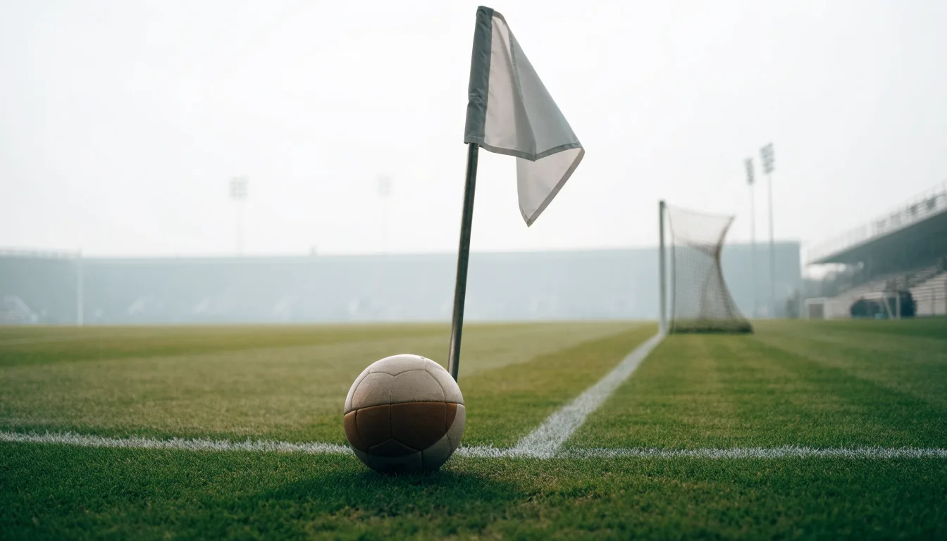 Ein Fußball liegt neben einer Eckfahne auf kurz gemähtem Rasen unter bewölktem Himmel.