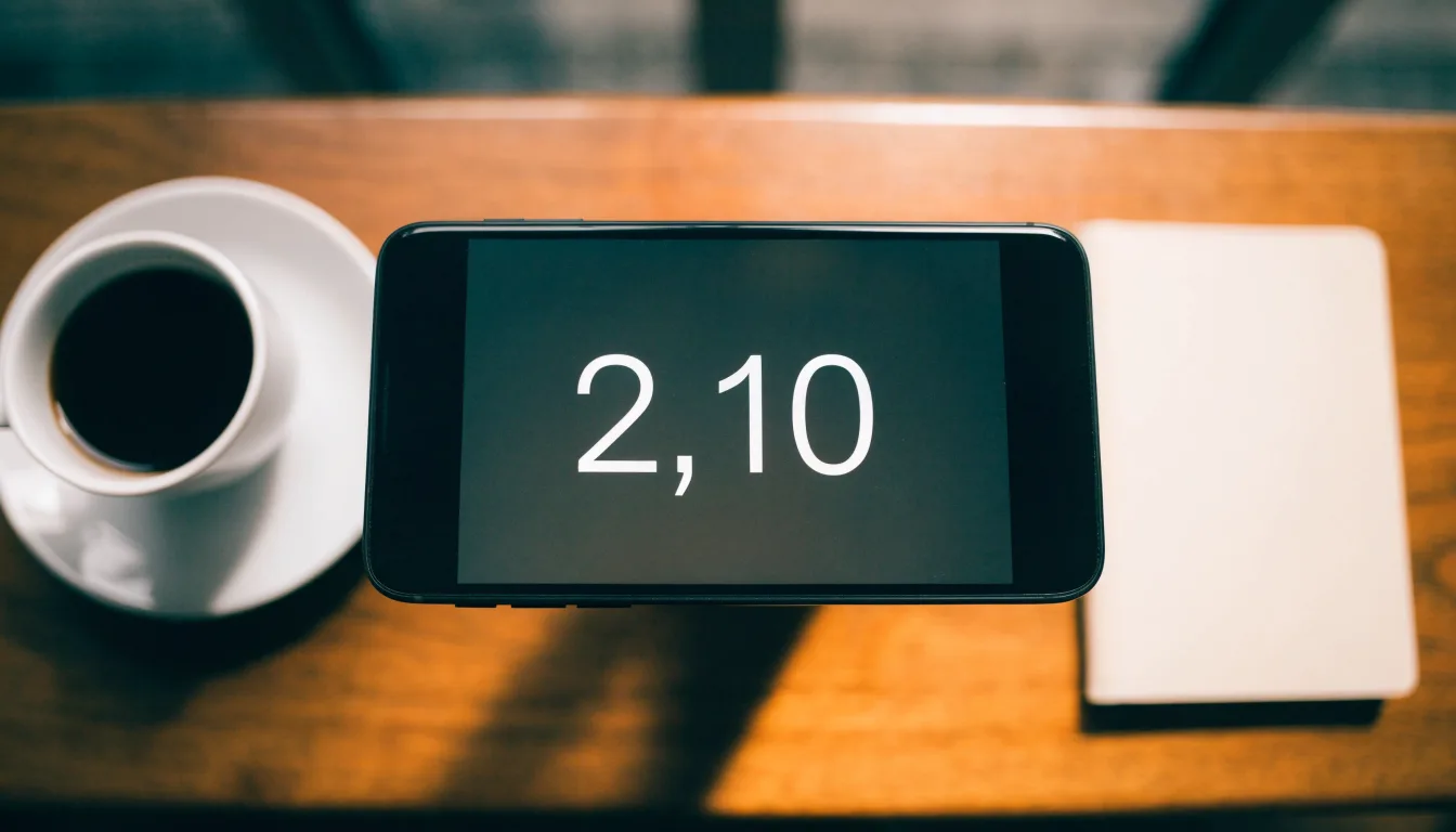 Ein Smartphone liegt mit schwarzem Display neben einer Kaffeetasse und einem Notizblock auf einem Café-Tisch.