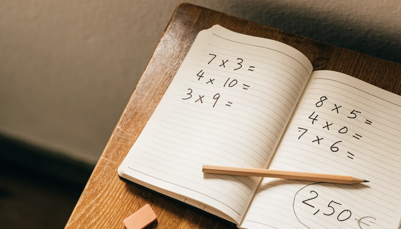 Ein Notizbuch mit handschriftlichen Multiplikationen liegt aufgeschlagen auf einem Holztisch, daneben ein Bleistift und ein Radiergummi.