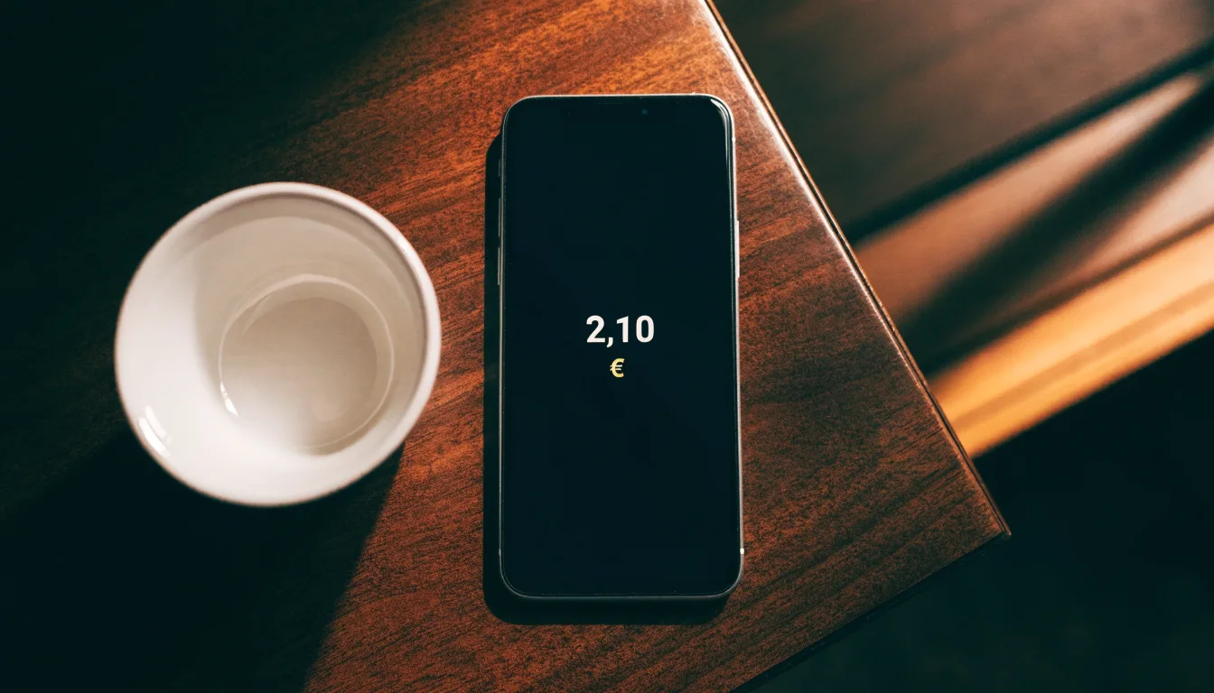 Ein Smartphone mit dunklem Display liegt neben einer Kaffeetasse auf einem Schreibtisch, durch das Fenster fällt Abendlicht.