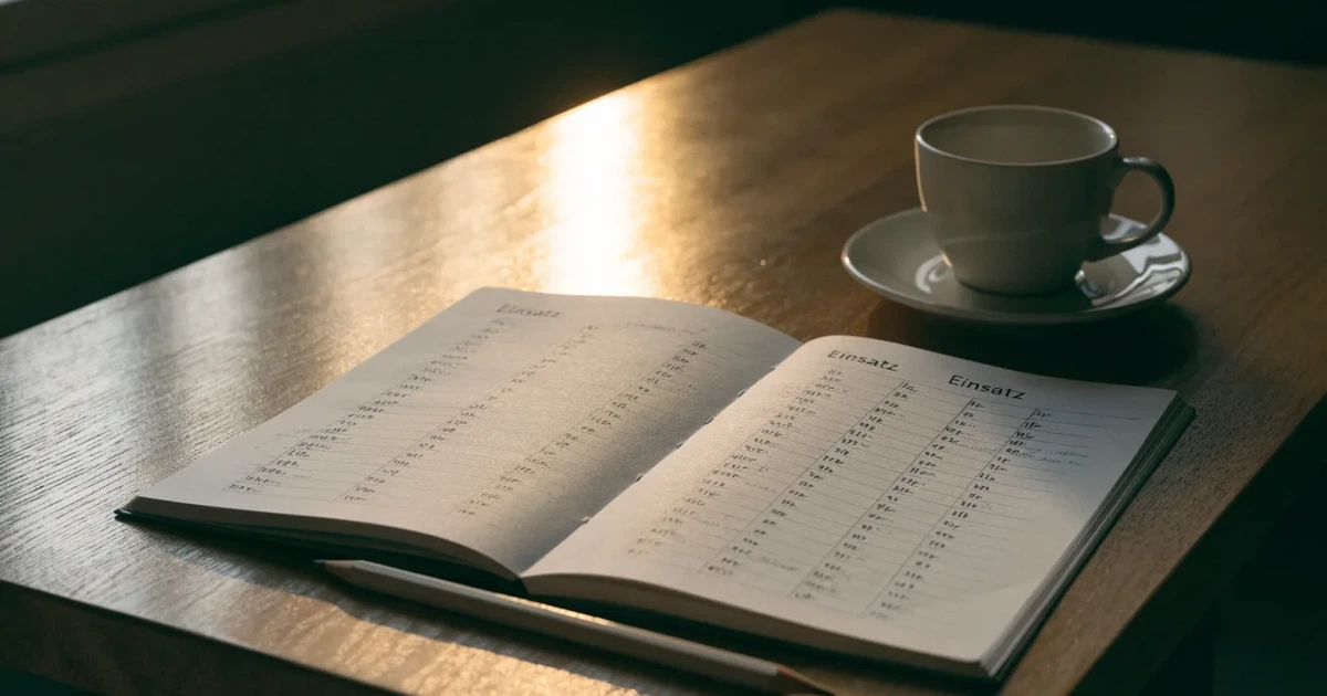 Ein aufgeschlagenes Notizbuch mit handgezeichneten Spalten und Strichen liegt neben einem Bleistift und einer Kaffeetasse auf einem Tisch am Morgen.