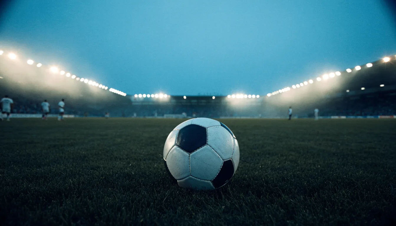 Ein Fußball liegt auf einem Rasenplatz in der Dämmerung, im Hintergrund ein ferner Stadionrand unter Flutlicht.
