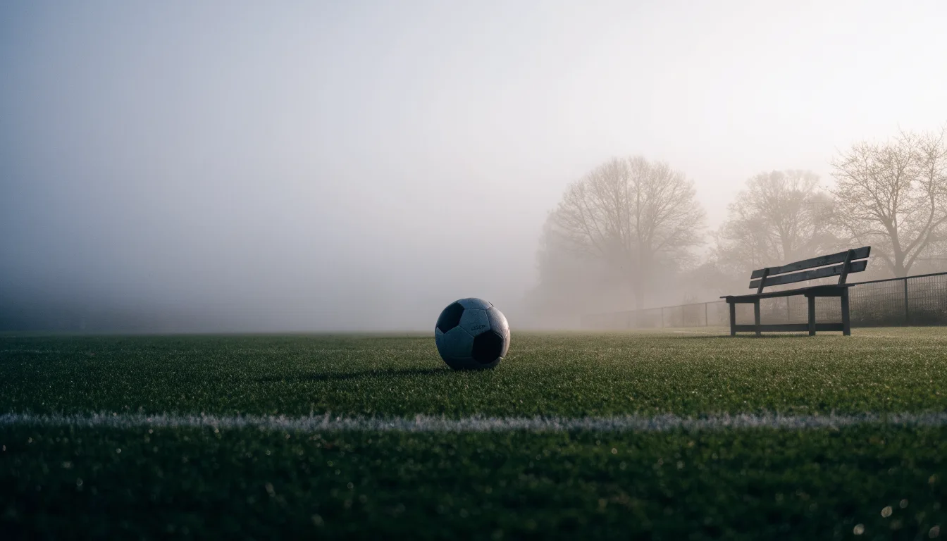 Ein Fußball liegt in der Mitte eines leeren Rasenplatzes im Morgennebel, am Rand steht eine einzelne Auswechselbank.
