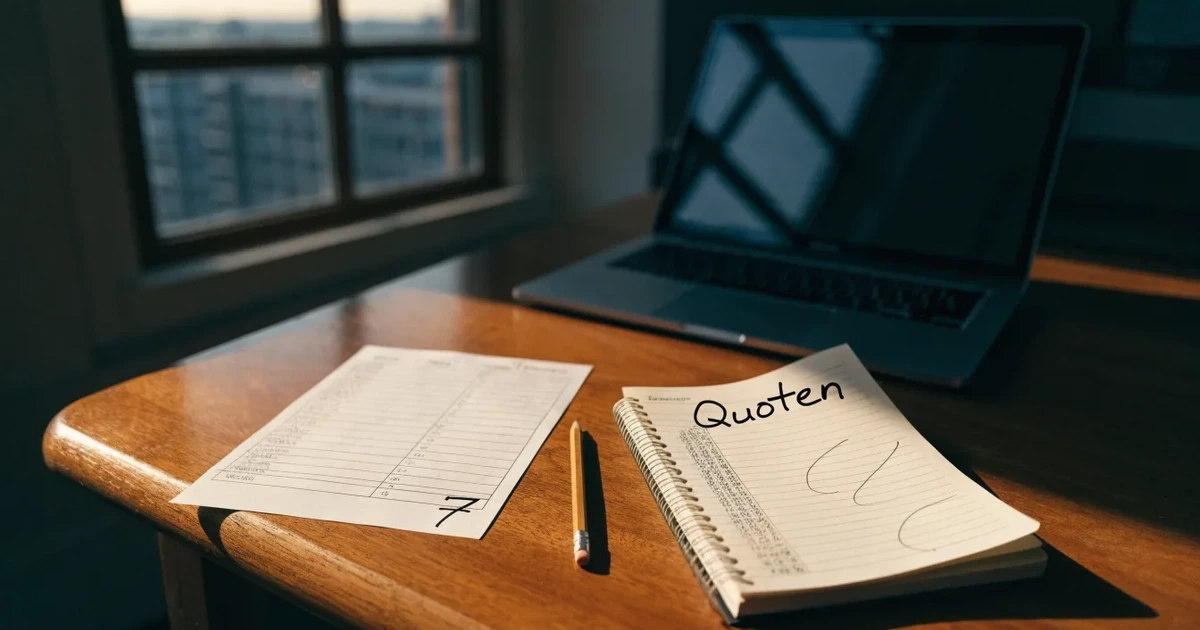 Ein Laptop-Bildschirm bleibt dunkel, davor ein Notizbuch mit handgezeichneten Kurven und ein Bleistift auf einem Schreibtisch am Fenster.