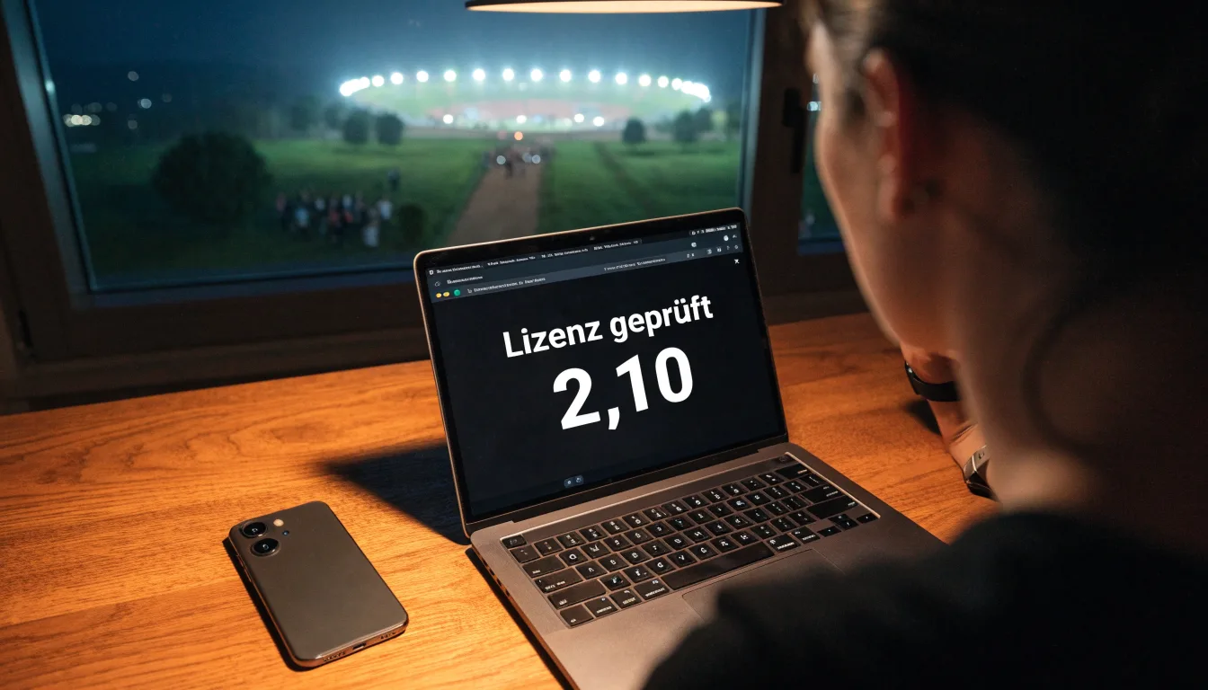 Ein Stadion unter Flutlicht von weitem gesehen, davor ein Feld und ein Feldweg im Dunkeln.